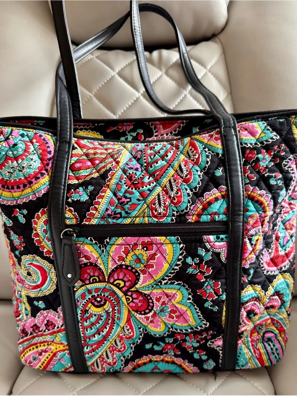 Vera Bradley Black Quilted Paisley Tote with Pink, Turquoise & Yellow Accents - Picture 1 of 6